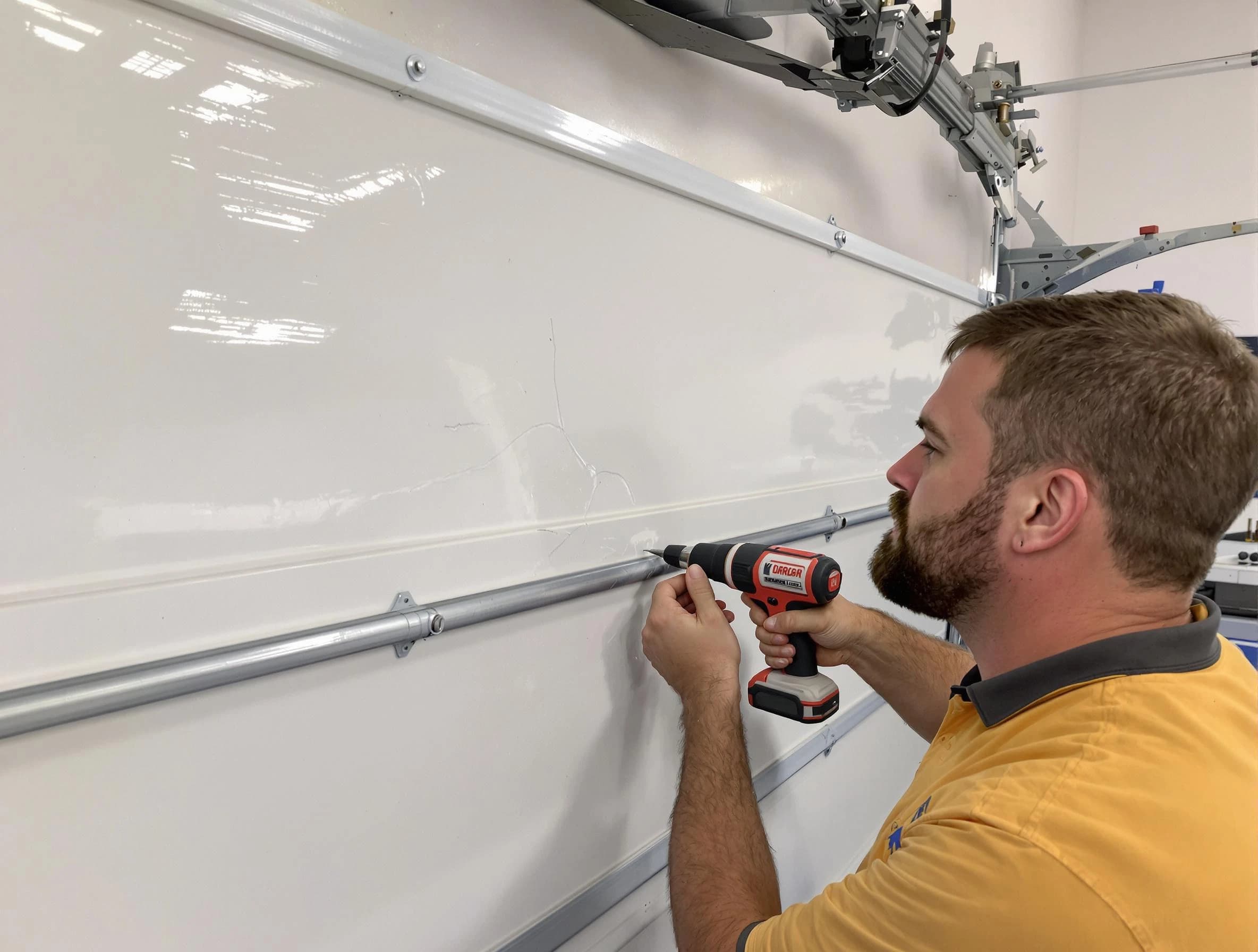 Durham Garage Door Repair expert performing dent repair on garage door in Durham