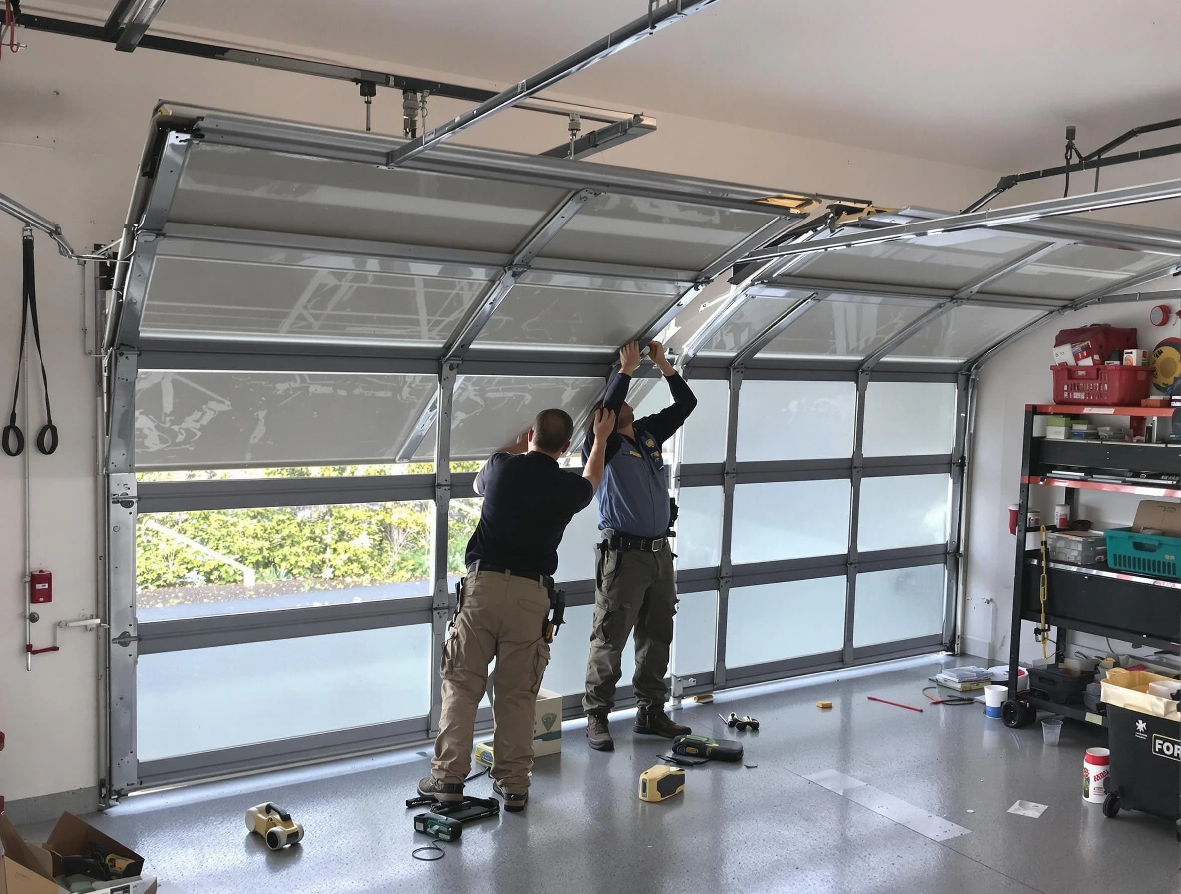 Durham Garage Door Repair expert performing precise panel replacement on Durham garage door