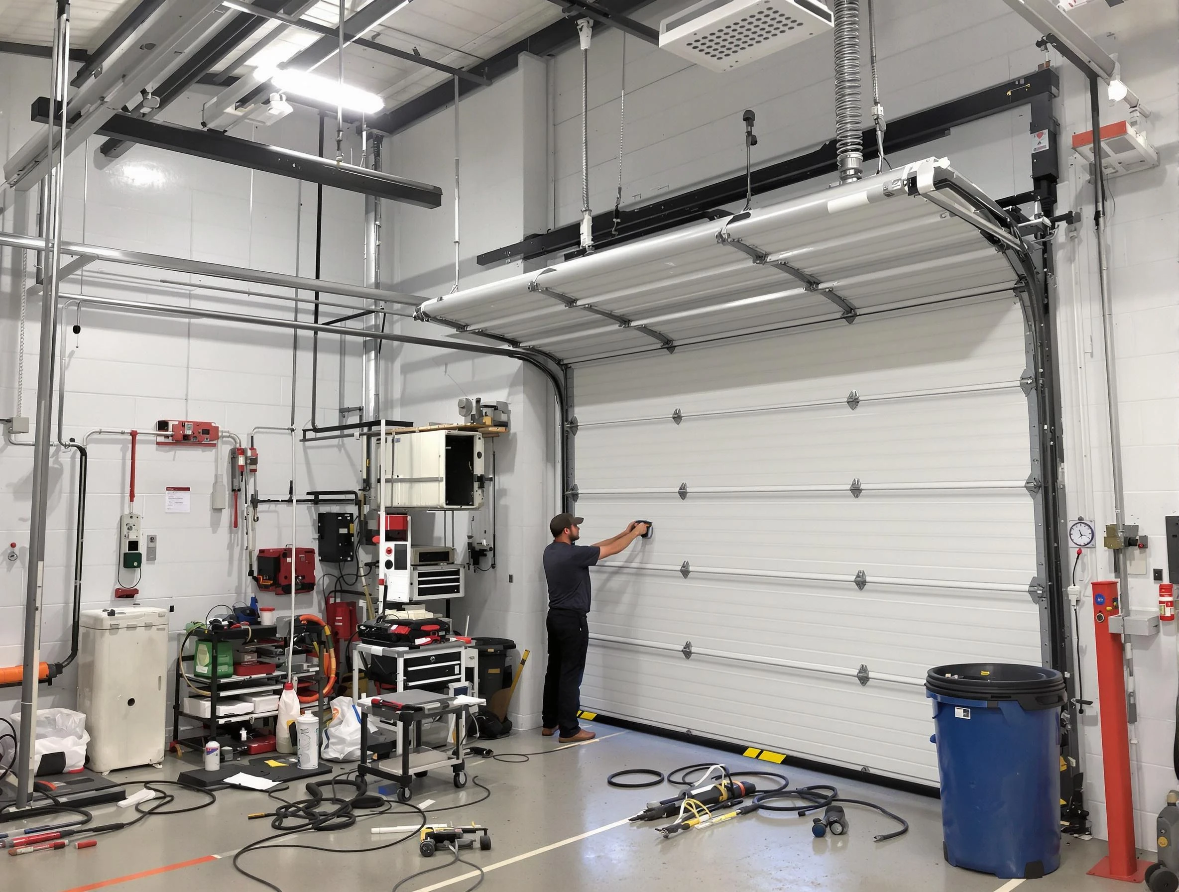 Durham Garage Door Repair certified technician performing commercial door repair at a Durham business facility
