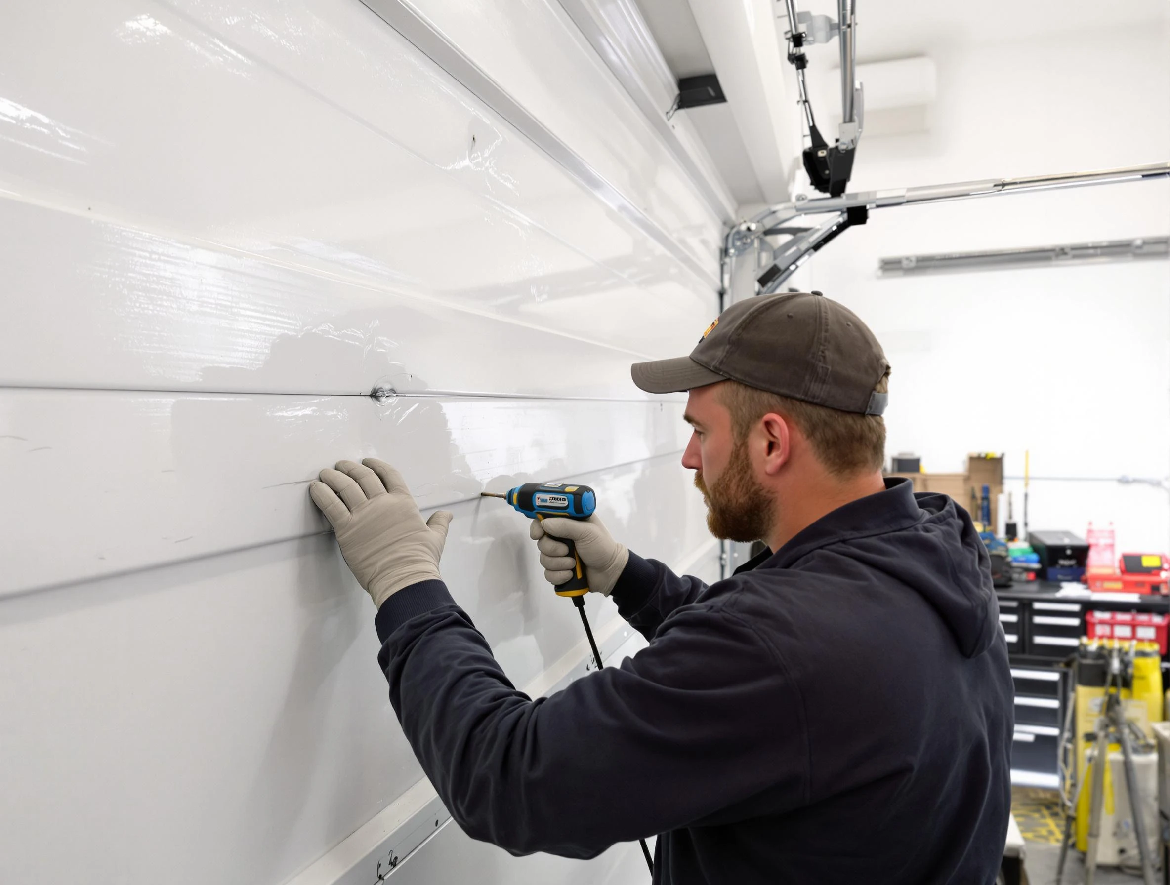Durham Garage Door Repair technician demonstrating precision dent removal techniques on a Durham garage door