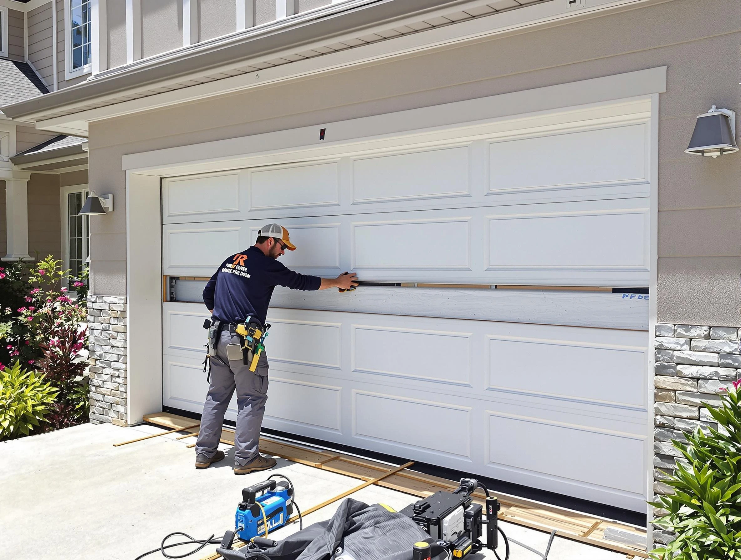 Durham Garage Door Repair team performing complete garage door replacement at Durham residence