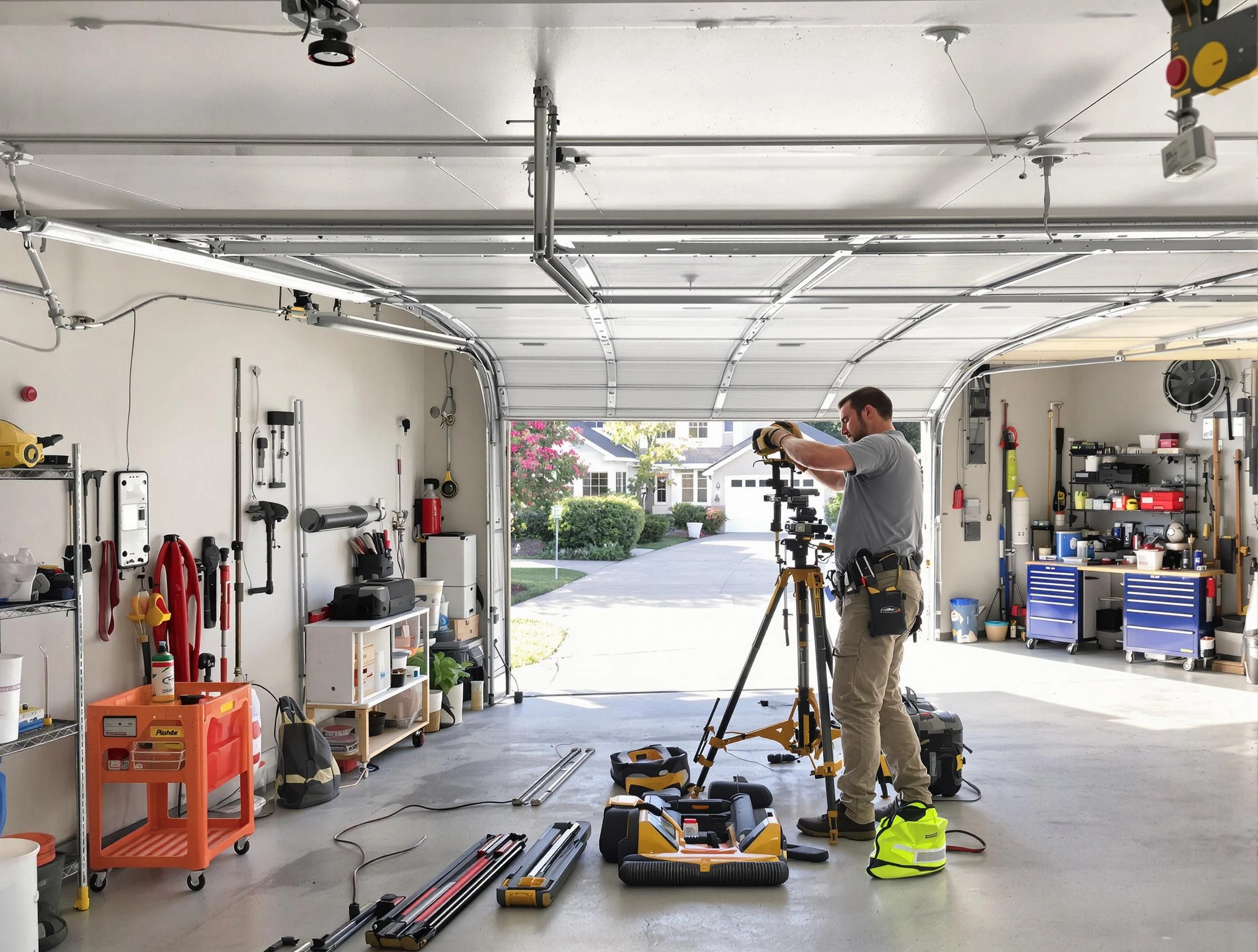 Durham Garage Door Repair specialist performing laser-guided track alignment in Durham